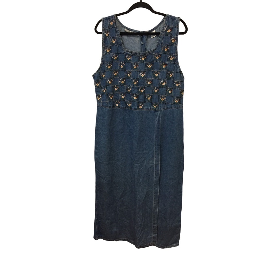 Jane Ashley Jumper Dress Womens L Blue‎ Denim Vintage Maxi Embroidered Floral - Picture 2 of 9